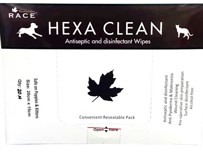 Race Hexa Clean Antiseptic and Disinfectant Pet Wipes for Dogs and Cats